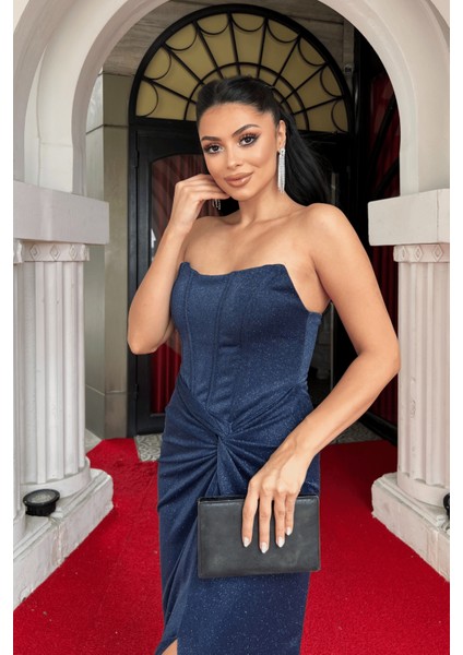 Simli Kumaş Straplez Balen Detaylı Abiye Elbise - Lacivert fırsatları