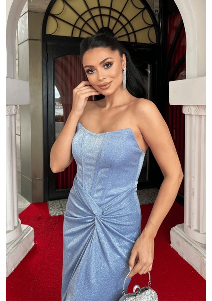 Simli Kumaş Straplez Balen Detaylı Abiye Elbise - Indigo Mavi modelleri