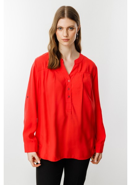Kadın Büyük Beden Önü Düğmeli Hakim Yaka Bluz 3518 Mercan