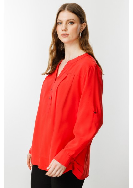 Kadın Büyük Beden Önü Düğmeli Hakim Yaka Bluz 3518 Mercan fiyatları