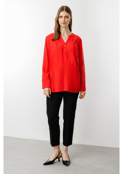 Kadın Büyük Beden Önü Düğmeli Hakim Yaka Bluz 3518 Mercan modelleri