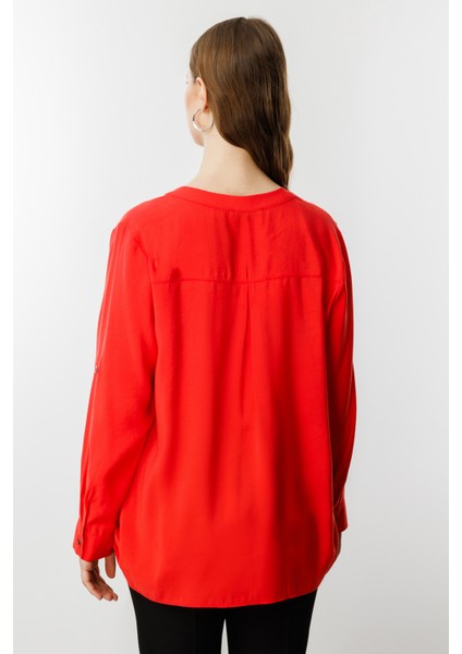 Kadın Büyük Beden Önü Düğmeli Hakim Yaka Bluz 3518 Mercan fırsatları