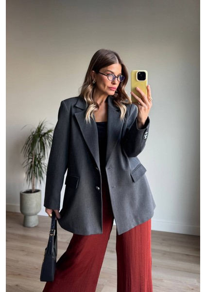 Antrasit Gümüş Düğmeli Astarlı Blazer Ceket