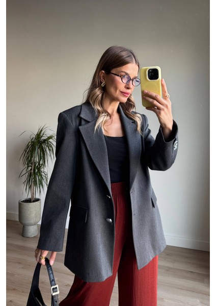 Antrasit Gümüş Düğmeli Astarlı Blazer Ceket modelleri