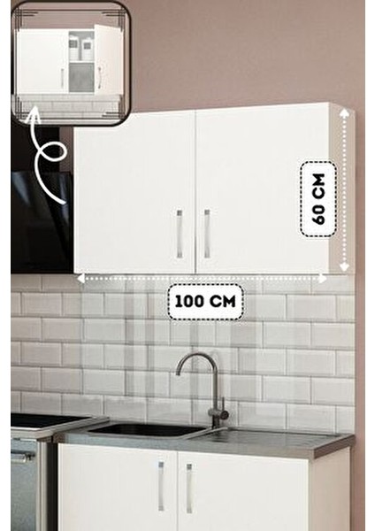 100 cm Beyaz Melamin Kaplama Mini Mutfak Üst Modül 100x32x60 cm Fonksiyonel Tasarım
