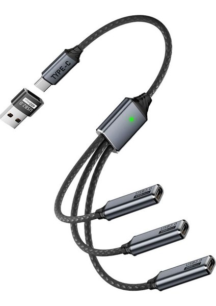 3'lü Type-C Çoklayıcı 25 cm Hızlı Şarj ve 480 Mbps Veri Aktarımı 3cc
