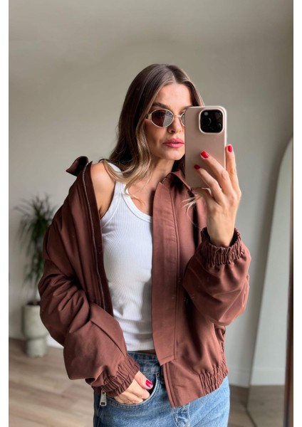 Kahverengi Beli Lastikli Fermuarlı Astarlı Su Geçirmez Bomber Ceket