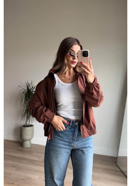 Kahverengi Beli Lastikli Fermuarlı Astarlı Su Geçirmez Bomber Ceket modelleri