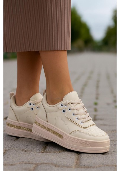 Kadın Günlük Yüksek Taşlı Taban Rahat Kalıp Yürüyüş ve Ortopedik Spor Ayakkabı Bej fiyatları
