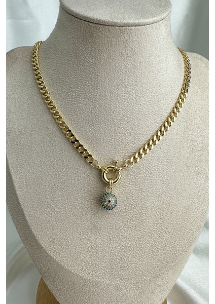 Altın Rengi Yuvarlak Detay Taşlı Nazar Kolye (45CM)