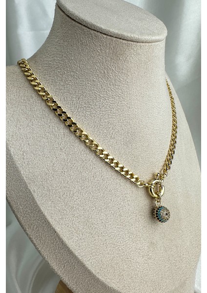 Altın Rengi Yuvarlak Detay Taşlı Nazar Kolye (45CM) fiyatları