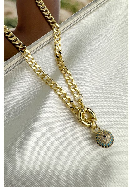 Altın Rengi Yuvarlak Detay Taşlı Nazar Kolye (45CM) modelleri