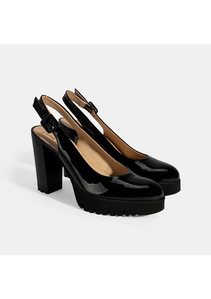 Kadın Siyah Slingback Platform Topuklu Rugan Ayakkabı