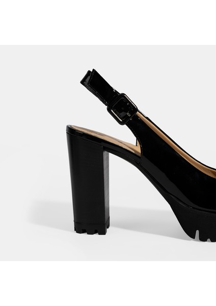 Kadın Siyah Slingback Platform Topuklu Rugan Ayakkabı