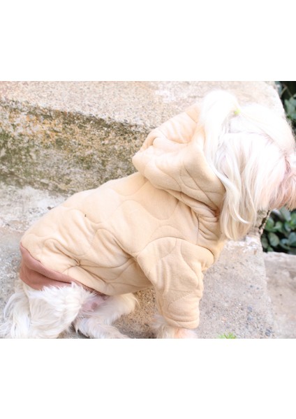 Kapüşonlu Bej Köpek Sweatshirt – Kalın Cift Kat Kapitone Kumaş Kışlık Evcil Hayvan Giysisi