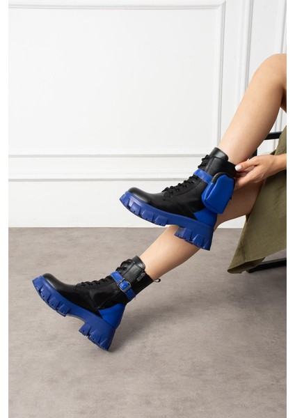 Lorbi Kadın Bot Çantalı Postal Lacivert Tabanlı Siyah Deri