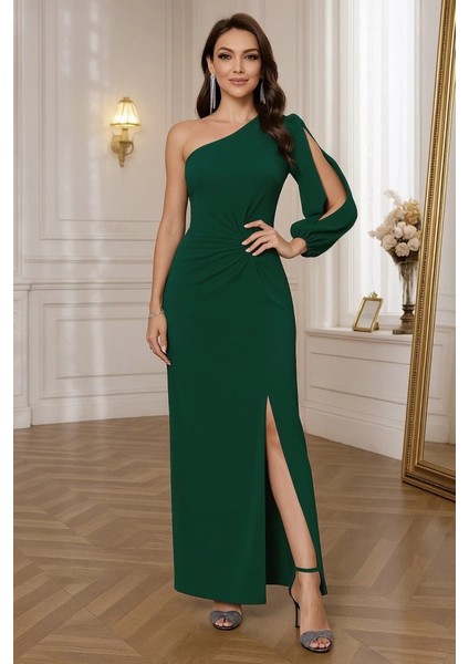 Tek Omuz Açık Derin Yırtmaçlı Krep Tam Boy Elbise fiyatları