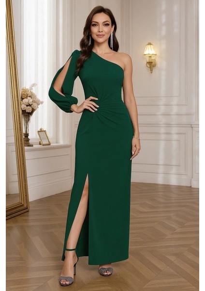 Tek Omuz Açık Derin Yırtmaçlı Krep Tam Boy Elbise modelleri