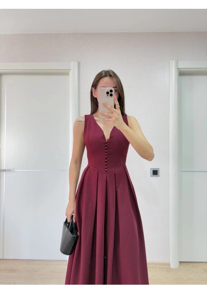 V Yaka Krep Arka Ön Pens Detaylı Uzun Kolsuz Elbise - Bordo