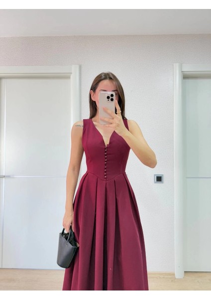 V Yaka Krep Arka Ön Pens Detaylı Uzun Kolsuz Elbise - Bordo fiyatları