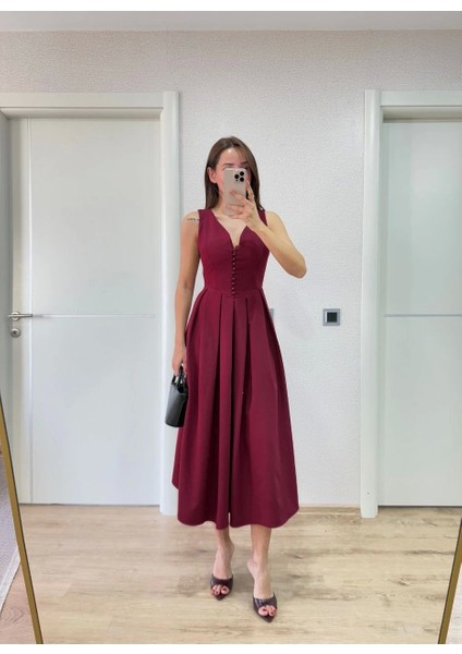 V Yaka Krep Arka Ön Pens Detaylı Uzun Kolsuz Elbise - Bordo modelleri
