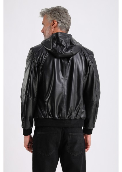 Arda Erkek Kapüşonlu Deri Mont