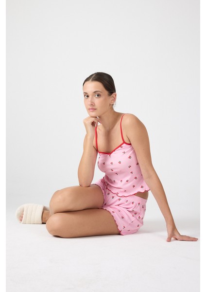 Pembe Kiraz Desenli Kadın Pijama Takımı 3415 modelleri