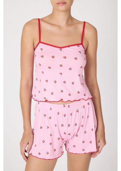 Pembe Kiraz Desenli Kadın Pijama Takımı 3415 indirimleri