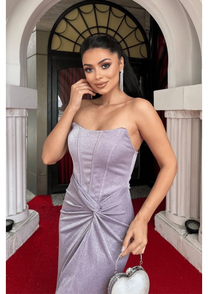 Simli Kumaş Straplez Balen Detaylı Abiye Elbise - Pembe modelleri