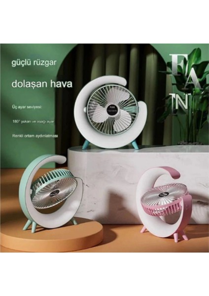 Masaüstü Vantilatör USB Şarjlı Rgb LED Işıklı 3 Kademeli 180° Ayarlanabilir Soğutucu Fan Yeşil