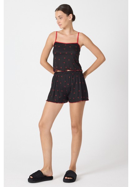 Siyah Kiraz Desenli Şortlu Pijama Takımı 3415 fiyatları