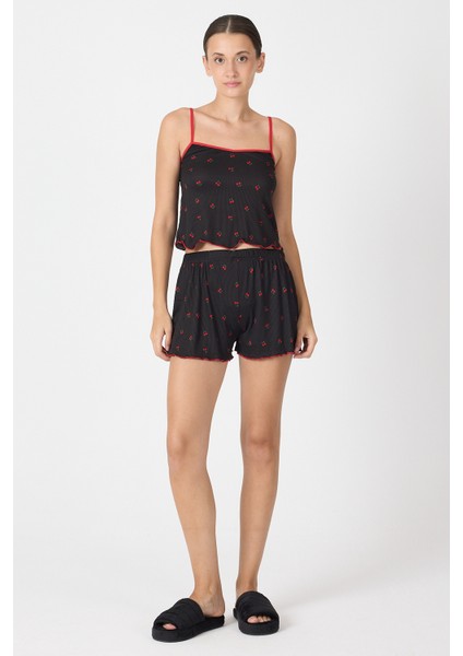 Siyah Kiraz Desenli Şortlu Pijama Takımı 3415 modelleri