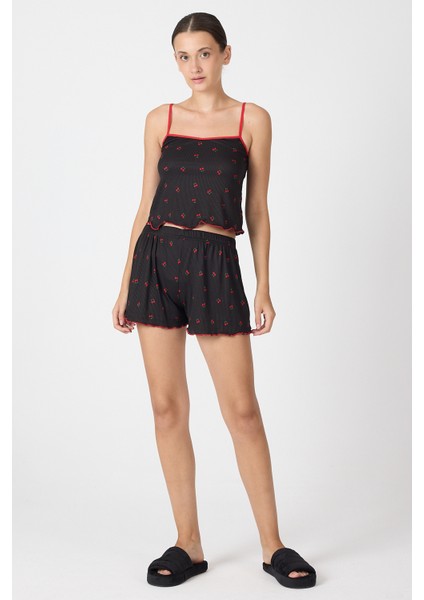 Siyah Kiraz Desenli Şortlu Pijama Takımı 3415 fırsatları