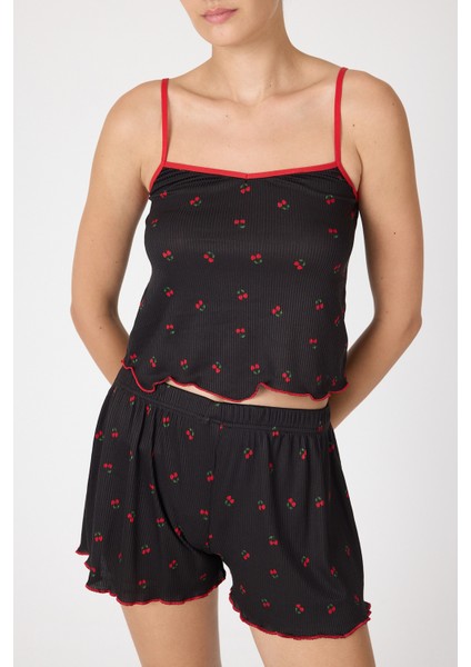 Siyah Kiraz Desenli Şortlu Pijama Takımı 3415 indirimleri