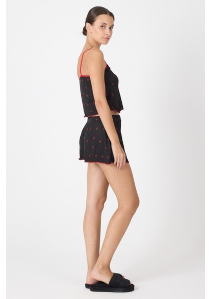 Siyah Kiraz Desenli Şortlu Pijama Takımı 3415