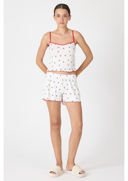 Beyaz Kiraz Desenli Kadın Pijama Takımı 3415 fırsatları