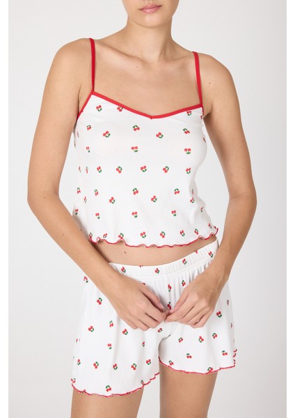 Beyaz Kiraz Desenli Kadın Pijama Takımı 3415 indirimleri