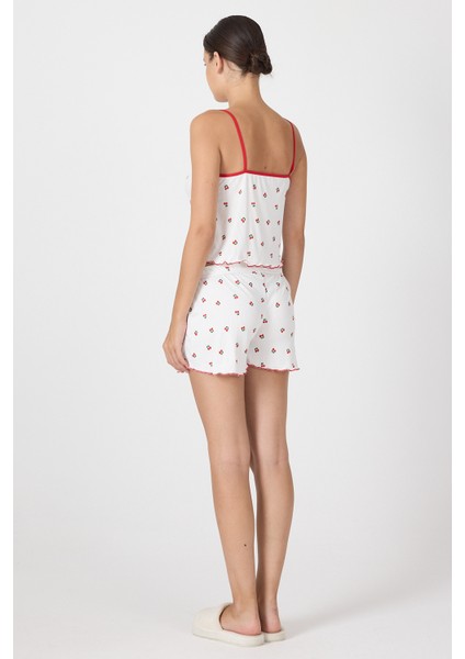 Beyaz Kiraz Desenli Kadın Pijama Takımı 3415