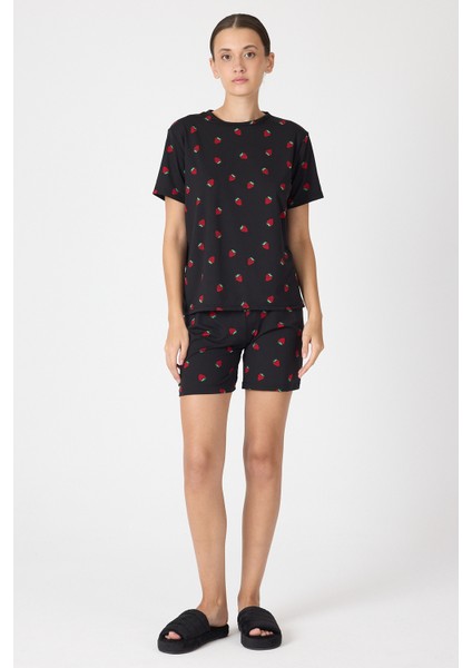 Siyah Çilek Desenli Kadın Pijama Takımı 3409 modelleri