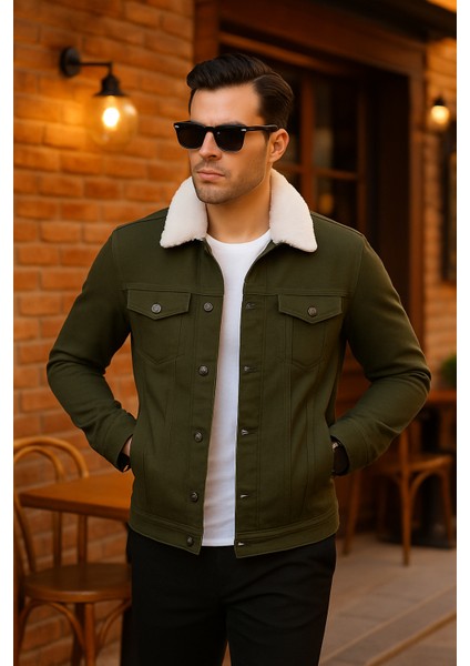 Blue Sail Yeşil Renk Içi Kürklü Kot Mont