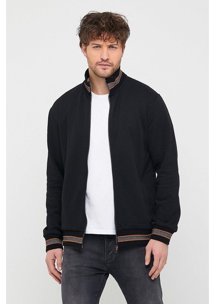 Erkek Siyah Regular Fit Dik Yaka Fermuarlı Uzun Kollu Hırka