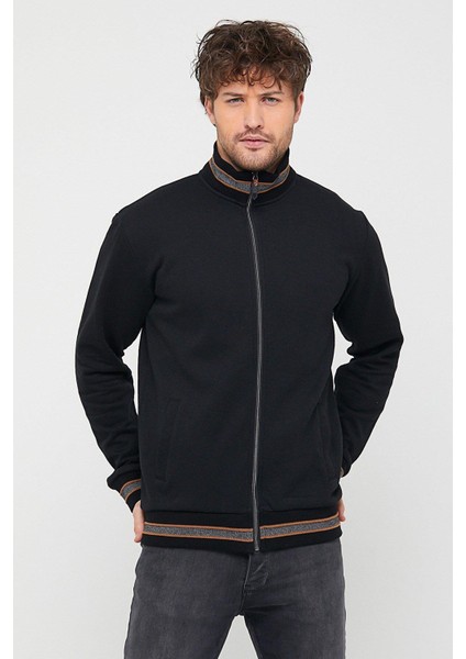 Erkek Siyah Regular Fit Dik Yaka Fermuarlı Uzun Kollu Hırka fiyatları