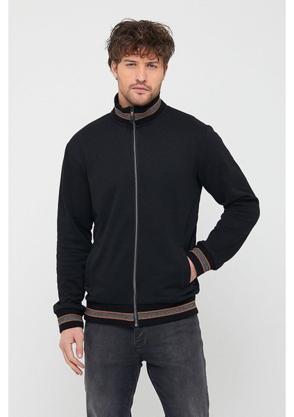 Erkek Siyah Regular Fit Dik Yaka Fermuarlı Uzun Kollu Hırka fırsatları