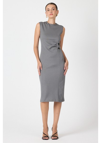 Antrasit Gri Kalp Tokalı Midi Elbise 8144A fiyatları