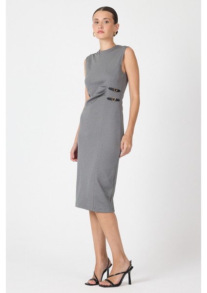 Antrasit Gri Kalp Tokalı Midi Elbise 8144A modelleri