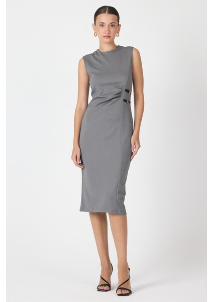 Antrasit Gri Kalp Tokalı Midi Elbise 8144A fırsatları