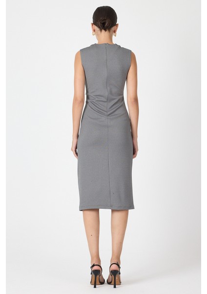 Antrasit Gri Kalp Tokalı Midi Elbise 8144A