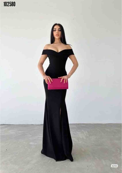 Kadın Dalgıç Kumaş Kayık Yaka ve Dekolte Detaylı Elbise, Kırmızı Gül Figürlü Kolye Hediye