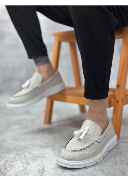 ET0005 Bağcıksız Yüksek Taban Klasik Yeni Keten Gri Püsküllü Erkek Ayakkabı