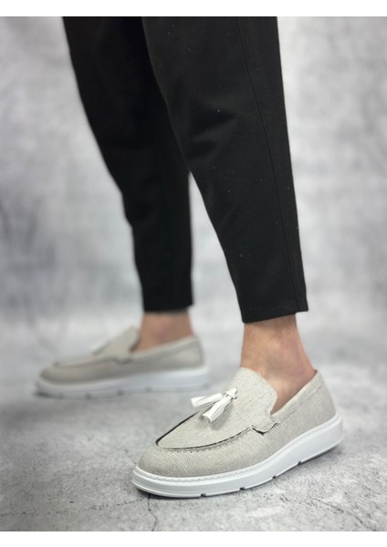ET0005 Bağcıksız Yüksek Taban Klasik Yeni Keten Gri Püsküllü Erkek Ayakkabı fiyatları